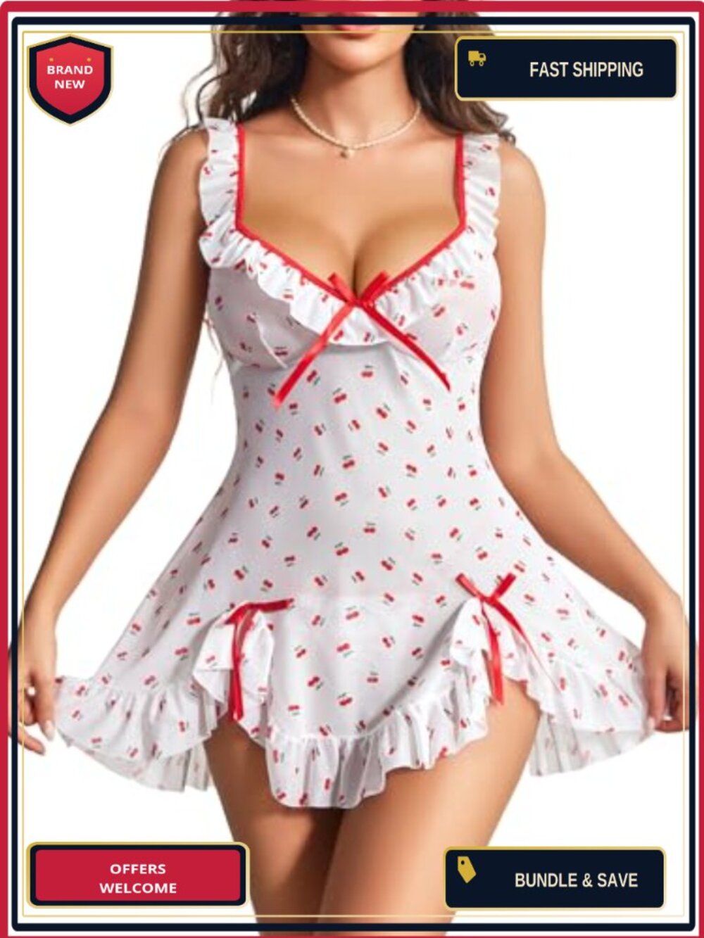 Mesh Babydoll Lingerie Dress 2 Piece Set Ruffle Hem Thong Sheer